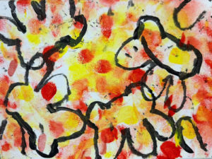 Dog paw prints painted on an orange, red and yellow background.