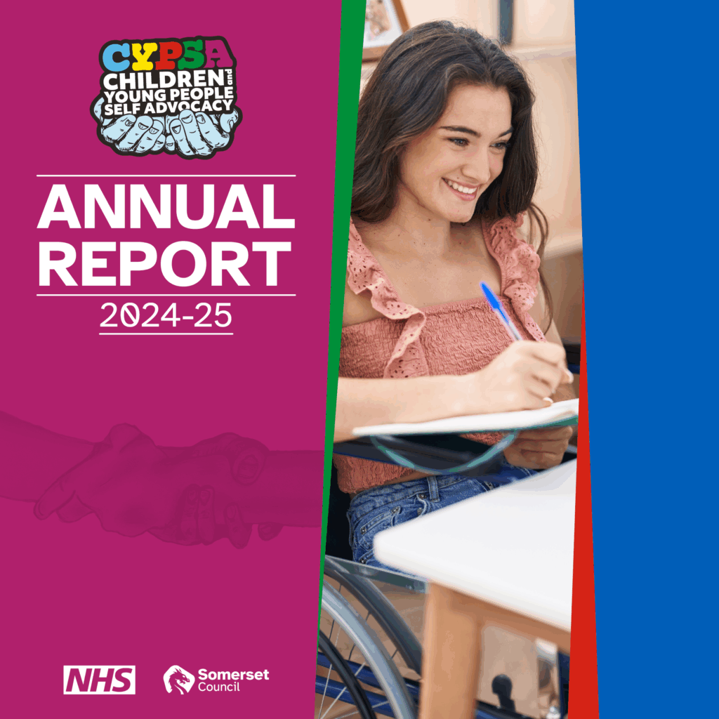 Image with 'Children and Young People Self Advocacy Annual Report 2024-25' and image of a young person smiling in a wheelchair