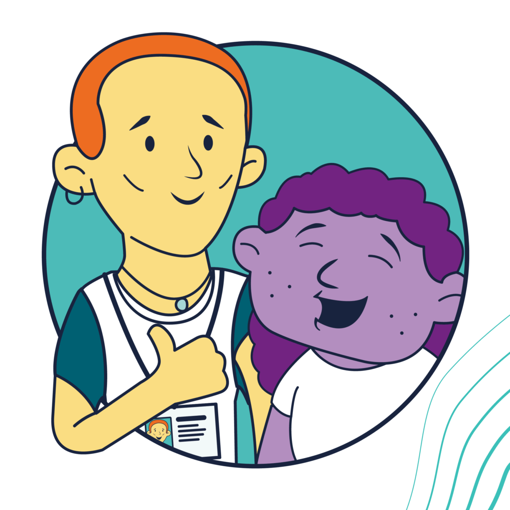 An illustration of a social worker with their thumb up and a young person laughing