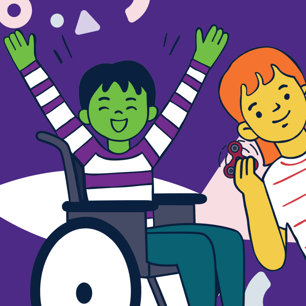 Illustrations of two young people - one in a wheelchair and the other with a fidget spinner.