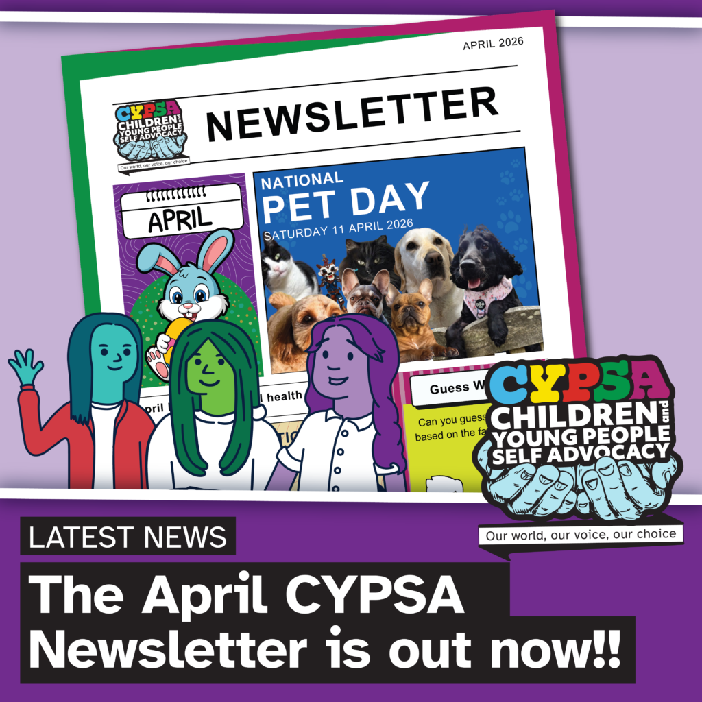 An image of the April CYPSA newsletter, with illustrations of the people that work on it: Mac, Emily and Sian.
