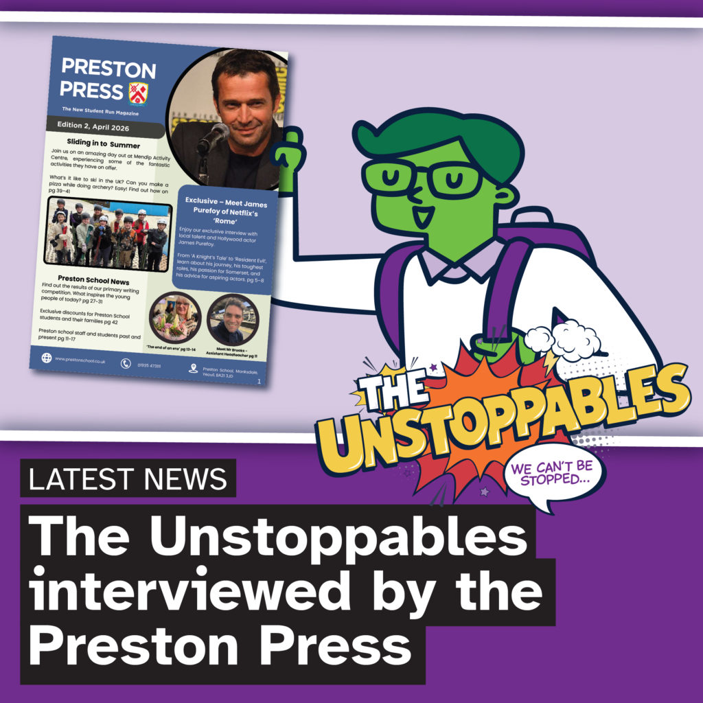 An illustration of a young person holding up an issue of the Preston Press. Text at the bottom of the image reads: Latest News: The Unstoppables interviewed by Preston Press.