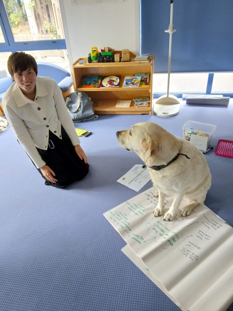 Zena, our ‘Unstoppables mascot’ (a member’s guide dog) enjoyed sitting in on (literally!) the conversations and helped with writing on the flip chart paper!